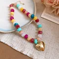 Collier de perles en résine colorée avec pendentif cœur doré de style dopamine. - Coloré