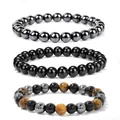 Dettaglio di un set di tre braccialetti di perline con occhio di tigre ed ematite - Set a 3 Strati Ematite Ossidiana Occhio di Tigre (款式-5)