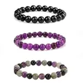 Set di tre braccialetti di perline in nero, viola e pietre miste su sfondo bianco. - Set a 3 Strati Agata Nera Ametista (款式-6)