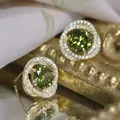 Close-up of vintage oval silver needle earrings with green gems and diamonds - 8# Silver Post - Oval Retro Flower Style / Gold - Olive Green