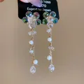 Detail of elegant floral drop earrings with colorful crystals and white pearls - Floral Tassel Long Style (21#) / Silver / Green