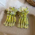 Vintage yellow floral tassel earrings with crystal beads and silver needle - 36# Floral Long Tassel Style / Silver / Green