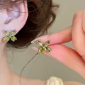 Elegant olive green gemstone flower earrings with silver needles in vintage style - 42# Marquise Gemstone Flower Studs / Silver-Green