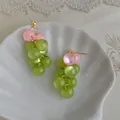Niche handmade grape shaped drop earrings featuring green and pink beads on a white shell dish - 45# French Vintage Grape Drop Earrings / Gold-Green-Pink