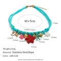 Blue braided rope necklace with ocean charms like starfish, shells and turtle. - Marine Rope Necklace (N3808_Gold) / Gold