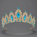 Elegante vintage gouden legering kroon tiara met schitterende blauwe waterdruppel strass - KC Goud + Lichtblauwe Strass