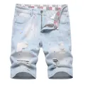 Short en jean déchiré bleu clair pour hommes avec motif éclaboussures de peinture - 38 / Style Bleu Clair à Éclaboussures de Peinture Effet Vieilli (833#)