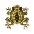 Macro detail of a vintage metal frog brooch featuring yellow and black rhinestones - Yellow