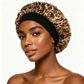 Fashionable leopard print satin sleep cap with wide elastic band for curly hair care - Adjustable / Leopard Print