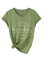 Olive green women's V-neck T-shirt with white 'FEELING kinda IDGAF-ISH' text print - Olive Green (White Font)