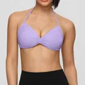 Comfortable lavender purple halter neck sports bra with ruched front for yoga and fitness - S / Tops / Soft Purple