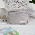 Close-up detail of a minimalist grey corduroy pencil case with zipper and May Rabbit label - 19*5*12cm / Gray
