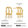 Boucles d'oreilles créoles en acier doré avec zircons, détails de mesure précis - Style Multi-Pendentif Triple Anneau Strass (JDE0305309)