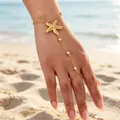 Elegant gold starfish hand harness bracelet with pearls for beach wedding style. - Starfish & Artificial Pearl Style / Gold