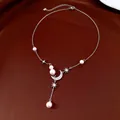 Elegant zircon star moon pearl tassel necklace in silver finish, refined jewelry piece - Necklace - Silver - Pink