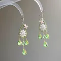 Vintage floral drop earrings with green teardrop crystals and pink butterfly accent - 1# Ear Hook / Silver-Pink-Green