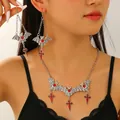 Gothic silver bat jewelry set featuring red accents and cross pendants on an Asian model - Antique Silver Bat Cross Style (H-236)