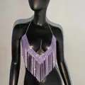 Top dos nu sexy à franges de strass violets avec cristaux étincelants pour soirée. - Taille unique / Violet