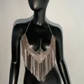 Haut licou étincelant en strass argentés avec franges pour une tenue de soirée sexy - Taille unique / Kaki