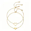 Elegant gold-plated stainless steel heart charm bracelet with adjustable slider chain - 2-Piece Set (Hollow + Solid) / Gold