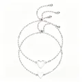 Adjustable silver titanium steel bracelet set with hollow and solid heart charms - 2-Piece Set (Hollow + Solid) / Silver