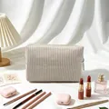 Large capacity striped seersucker travel cosmetic bag for makeup storage on vanity - 16*9*9cm / Khaki