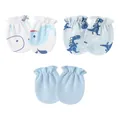 Set of three pairs of soft cotton baby anti-scratch mittens with cute animal prints - Whale + Dinosaur + Light Blue / 3 Pairs Set / Blue Series