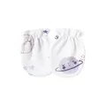 Close-up detail of soft white cotton baby anti-scratch mittens with celestial prints - Purple Planet and Star Print / White