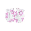 Detail view of newborn anti-scratch mittens with pink floral print and elastic bands - Purple Five-petal Flower Print / White