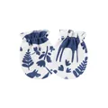Pair of soft newborn baby anti-scratch mittens with blue floral and animal print - Bear and Leaves Print / White