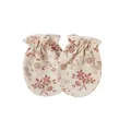 Detailed macro view of soft cotton baby mittens with vintage floral print for newborns. - Vintage Red Flower Print / Beige Apricot