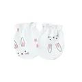Detail view of white newborn anti-scratch mittens with a cute pink bunny pattern - Cartoon Rabbit Print / White