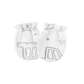 Close-up of white baby anti-scratch mittens with gray star print and elastic cuffs. - One Size / Car & Bear Style / White