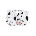 Close-up of soft cotton baby mittens with cute cow print and elastic cuffs - One Size / Cow / White