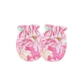 Detail of pink floral baby anti-scratch mittens with comfortable elastic wrist bands - One Size / Chrysanthemum on Rose Base Style / Pink