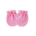 Close-up detail of pink newborn baby mittens with white polka dots and elastic cuffs. - One Size / Rose Red Polka Dot Style / Pink