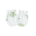 Close-up view of soft newborn baby mittens with a cute green dinosaur print pattern - One Size / Little Green Dinosaur Style / White