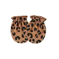 Detail view of leopard print anti-scratch baby mittens with elastic wrists for newborns - One Size / Coffee Leopard / Tan