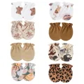 Set of soft cotton newborn anti-scratch mittens with elastic cuffs and cute prints - One Size / 8 Pairs Set (Mixed Cartoon Prints & Solid Colors) / Brown Coffee Tones