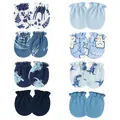 Set of 8 pairs of soft cotton newborn baby anti-scratch mittens in blue patterns - One Size / 8 Pairs Set (Blue Theme Prints & Solid Colors) / Blue Series