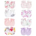 Assorted newborn anti-scratch mittens set with cute patterns and soft elastic cuffs - One Size / 8 Pairs Set (Pink & Purple Theme Prints & Solid Colors) / Pink & Purple Series