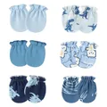 6 pairs of newborn baby anti-scratch mittens with blue patterns and elastic cuffs - One Size / 6 Pairs Set (Dark Blue / Denim Blue / Cartoon Dino) / Blue Series (Dinosaur Prints)