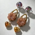 Vintage style colorful gemstone drop earrings with heart and flower pendant charms - 2607019 Orange Petal Heart Earrings