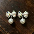 Vintage style colorful polka dot bow-knot earrings with hanging faux pearl pendants - 2606190 Colorful Polka Dot Bow Artificial Pearl Earrings