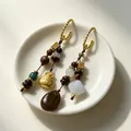Vintage colorful gemstone earrings featuring wooden beads and a golden lucky pouch - 2607017A Coffee Crystal Multi-element Beaded Earrings