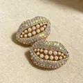 Vintage lip-shaped earrings featuring colorful rhinestones and elegant white pearls - 2607010A Colorful Rhinestone Lips