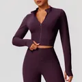 Veste de sport slim à manches longues pour femmes avec fermeture éclair en violet foncé élégant - S / Hauts / Violet Prune