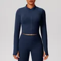 Veste de yoga ajustée bleu marine à manches longues avec zip et passe-pouces - S / Hauts / Bleu marine