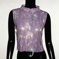 Elegant women's sparkling purple rhinestone mesh sleeveless mock neck party top - One Size / Purple