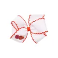 Handmade white grosgrain ribbon hair bow with red scalloped edges and glittery hearts - White Bowknot with Red Scalloped Edge and Heart (MC6776)